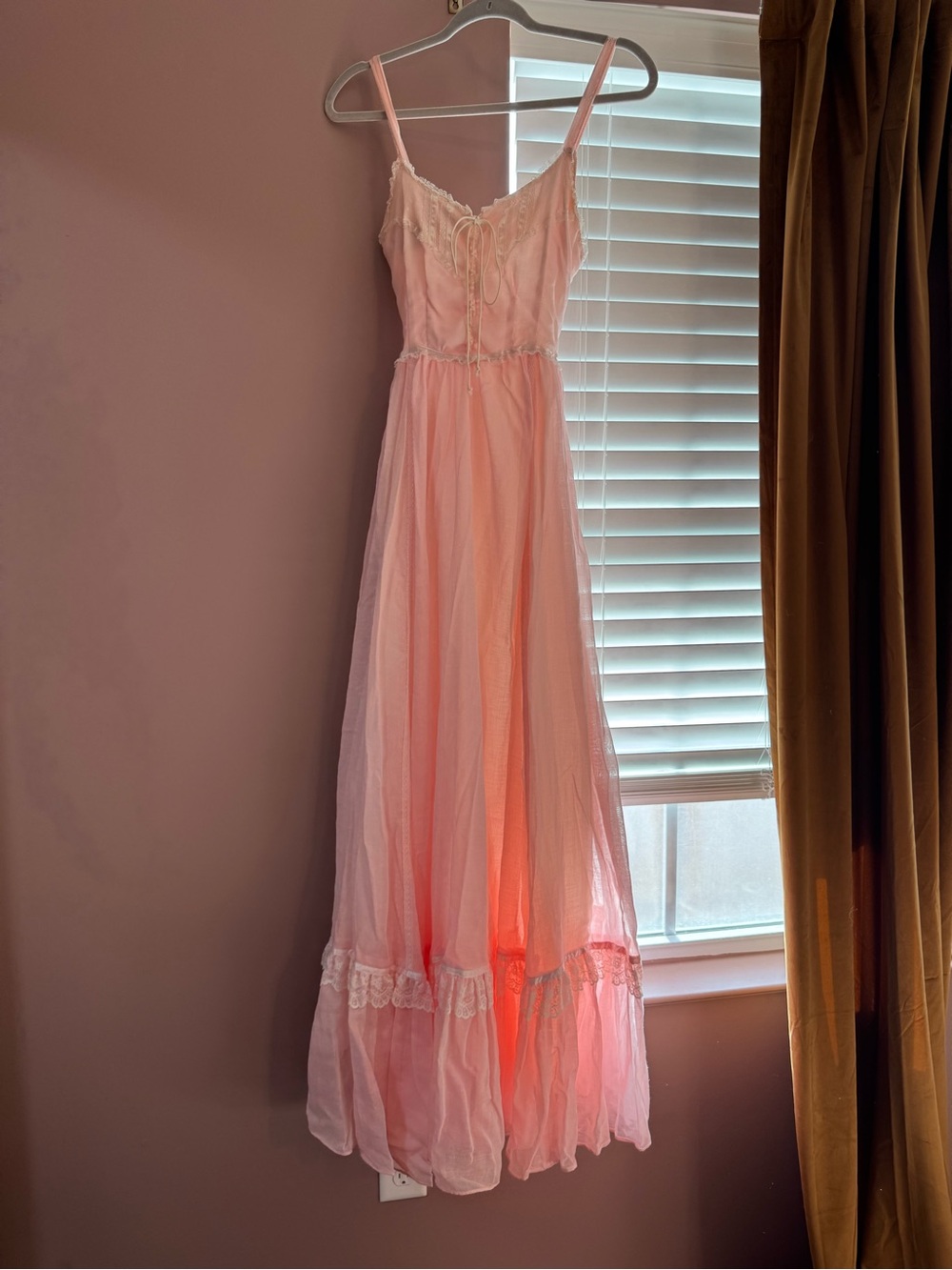 Gunne Sax Pink Lace-Trim Maxi Dress